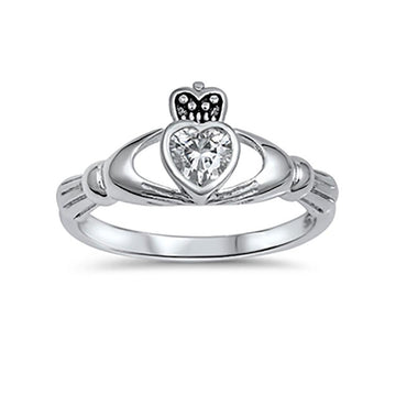 Irish Claddagh Heart Promise Ring Simulated Cubic Zirconia 925 Sterling Silver